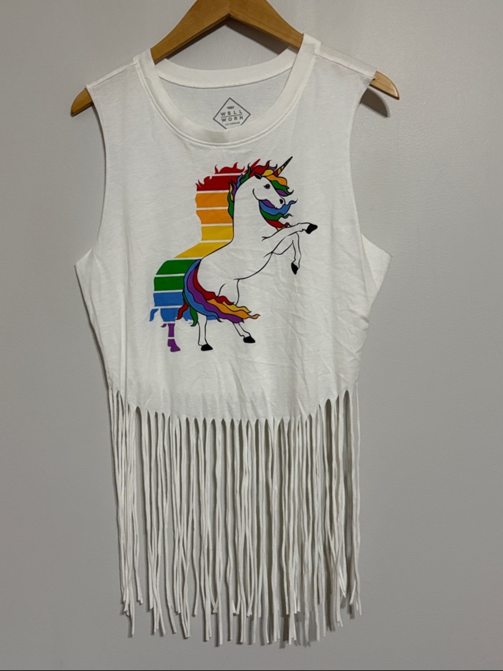 White Sleeveless Tank Top Unicorn Rainbow Graphic with Fringe Bottom NEW X-Large